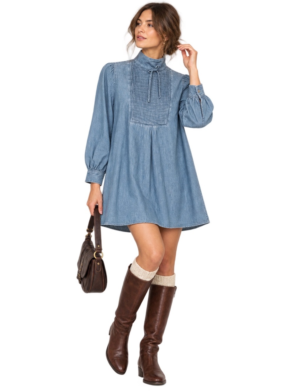ALEXA CHUNG for AG Julie Chambray Pintuck Dress Small Prairie Denim Babydoll